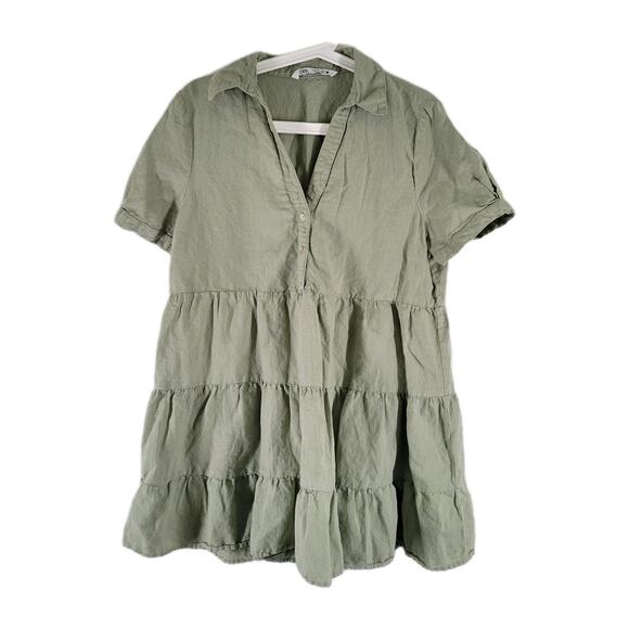 Zara Mini Tunic Shirt Dress Green Linen Blend Tiered Large Coastal Cottage - Picture 1 of 6